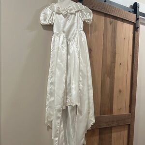 Flower Girl Elegant White Satin Gown with Bow and Train size 4